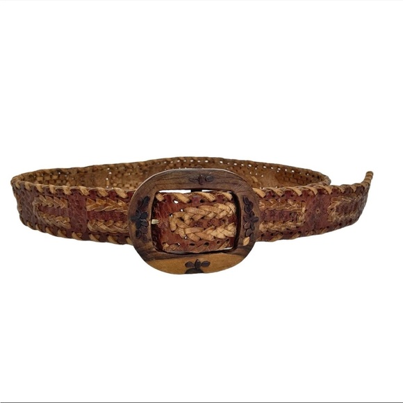 Vintage Woven Leather Belt Carved Wood Buckle Brown Boho Western Unisex S/M
